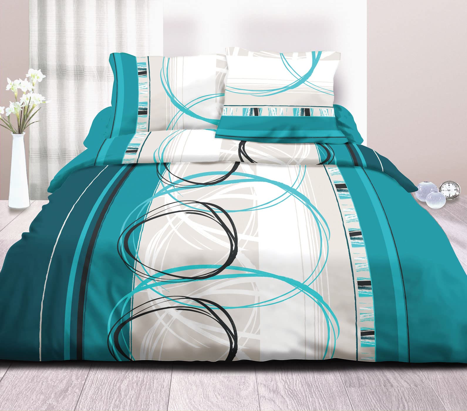 Le linge de Jules Polycotton flat sheet + fitted sheet 140 x 190 + 2 You Wheel – 100% Cotton 57 Thread Count Turquoise