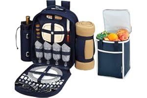 Picnic at Ascot Original Equipped Backpack for 4 with Blanket - Extra Bonus Cooler - Designed & Assembled in California - Navy