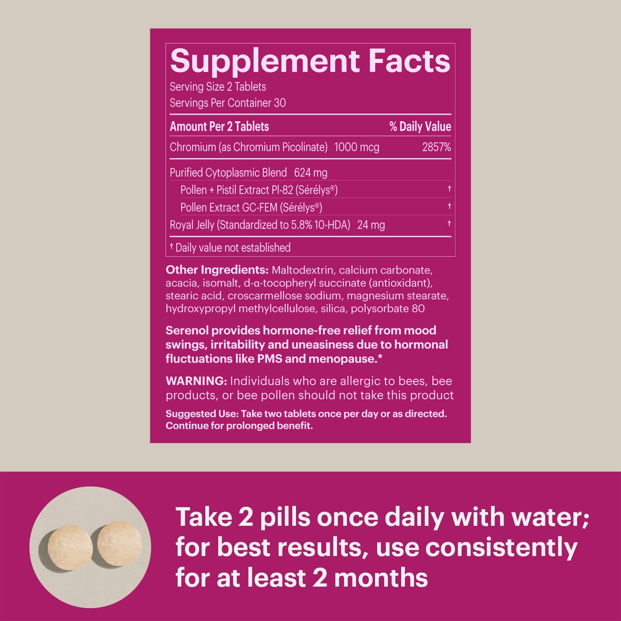 Serenol by Bonafide. Relief from Hormonal Mood Swings, Irritability, & PMS Bloating. — 3-Month Supply (180 Tablets)