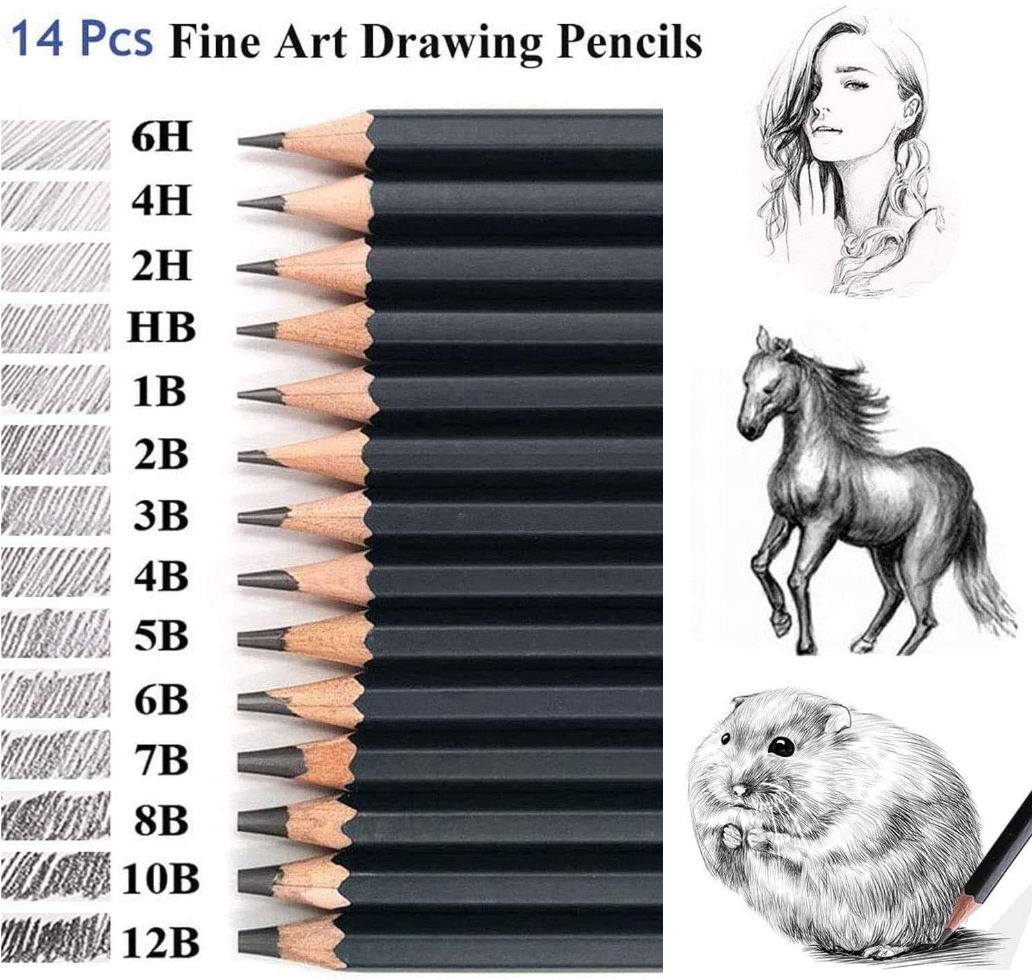 Malayas Drawing Sketch Pencil Set 14pcs Sketching Pencils 12B 10B 8B 7B 6B 5B 4B 3B 2B B HB 2H 4H 6H Graphite Pencils for Kid Adults Artists Student Beginners Professional