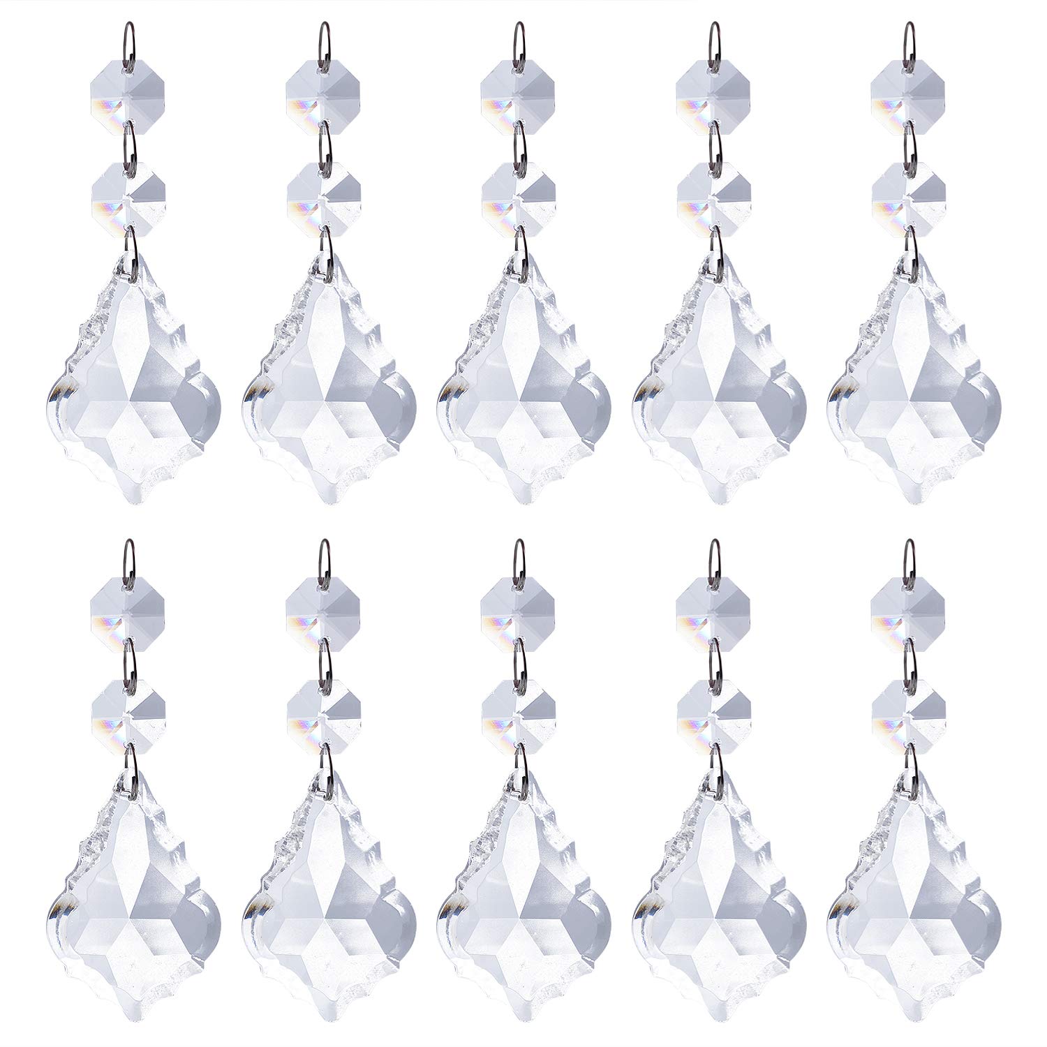 Pack of 10 Replacement Clear Maple Leaf Chandelier Crystal Prisms Pendants  Shiny Glass with Octagonal Crystal Beads and Metal Split Ring for Lamp