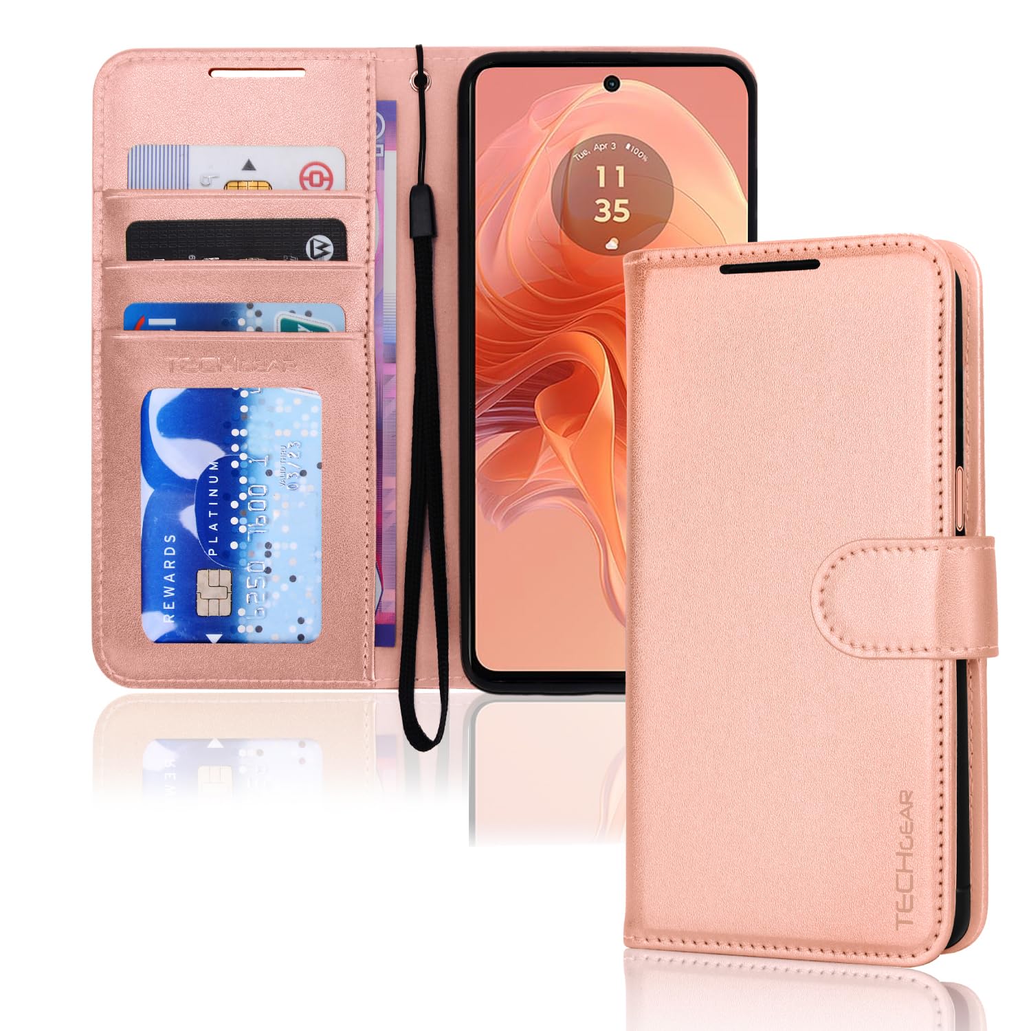 TECHGEAR Moto G04 / Moto E14 / Moto G24 / Moto G04s Phone Leather Wallet Case, Flip Protective Cover with [RFID BLOCKING] Wallet Card Holder, Stand & Strap, Rose Gold PU Leather with Magnetic Clasp — image 1