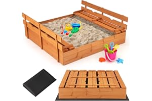 HONEY JOY 47x47 in Kids Sandbox With Cover, Outdoor Pit With Liner, 2 Foldable Bench Seats for Protection, Square Box for Kid