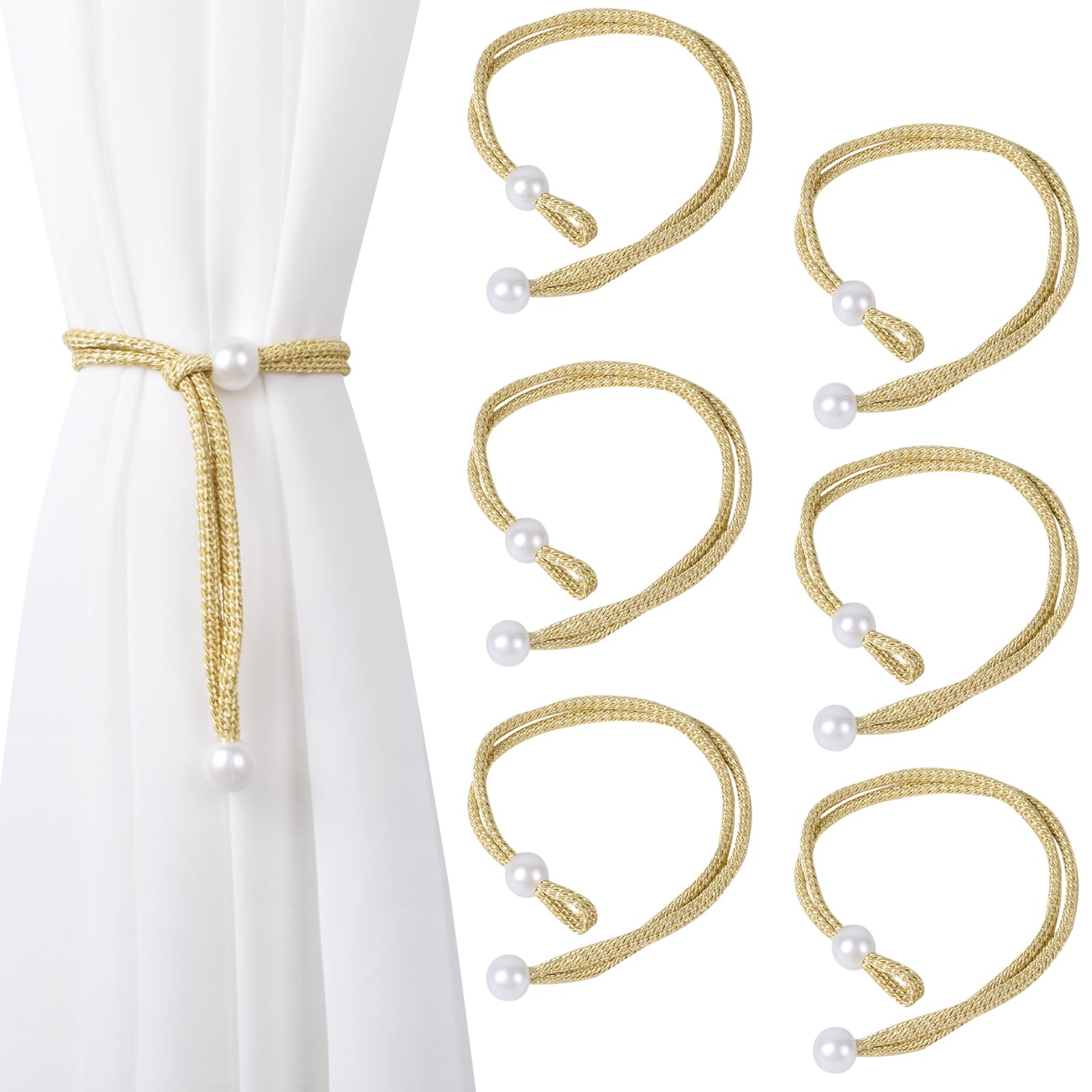 Dalababa 3 Pair Curtain Tie Backs Rope, Polyester Hand-Woven Drapery Holdbacks, Pearl Curtain Tiebacks Straps Buckles for Home Decor (Gold)