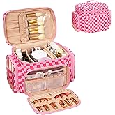 Bagmoly Large Checkered Makeup Bag, Travel Makeup Bag Organizer for Women Girls with Makeup Brush Compartment & Two Side Pockets, Cosmetic Travel Bag Vertical Storage Toiletry Bag- Hotpink