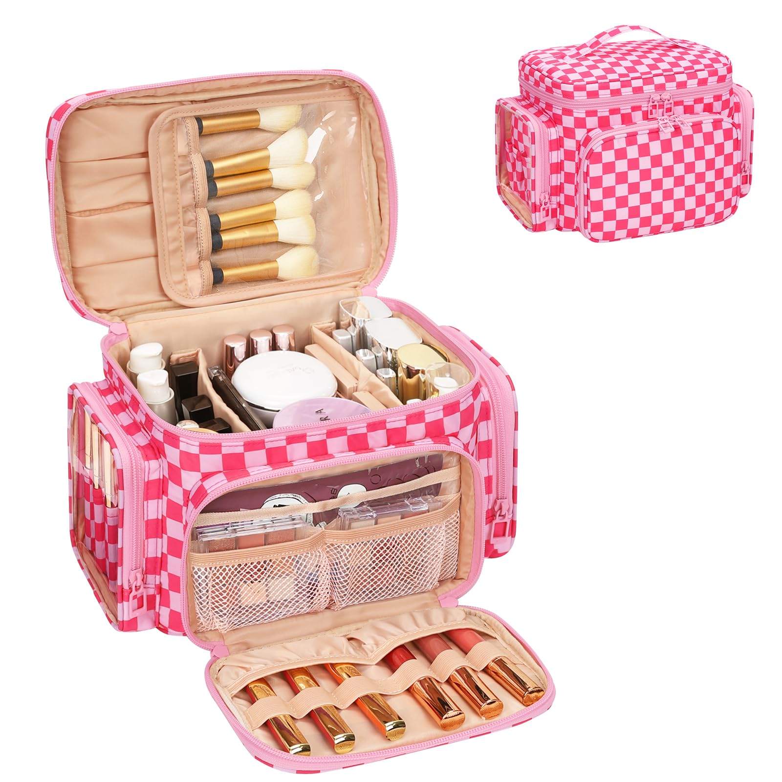 Photo 1 of Large Checkered Makeup Bag, Travel Makeup Bag Organizer for Women Girls with Makeup Brush Compartment & Two Side Pockets, Cosmetic Travel Bag Vertical Storage Toiletry Bag- Hotpink