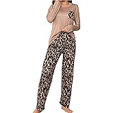 ZAFUL Women's Leopard Print Pajama Set Long Sleeve T-Shirt And Pants Pjs Sleepwear 2 Piece Lounge Set