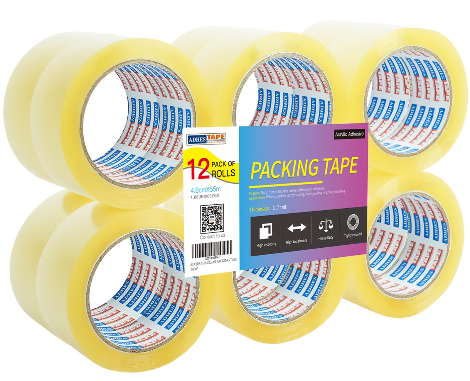 ADHES Clear Packing Tape Multipack, 55m x 48mm x 2.7Mil, 12 Rolls - Ideal for Moving, Shipping & Packaging