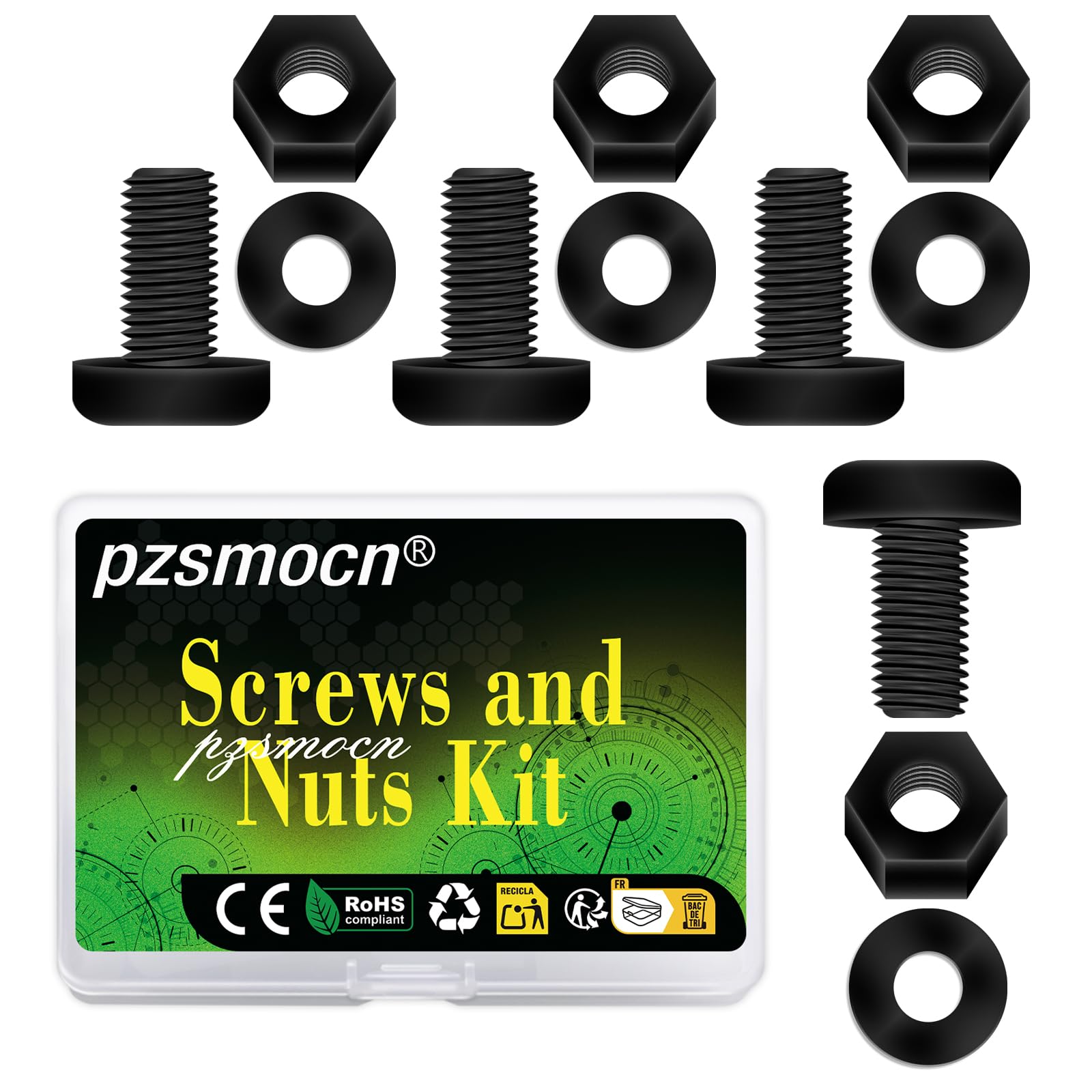 Pzsmocn 150 Pieces/50 Sets M5*10 mm Plastic Black Nylon Cross Round Head Screw Hexagonal Nut Combination Kit, with Insulating Washers, Standard Size, For DIY and Electronic Assembly.