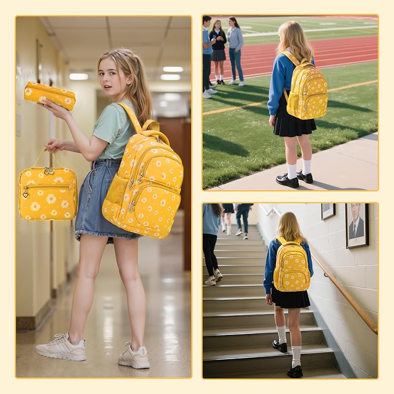 Mochila escolar para raparigas, adolescentes, mulheres, mochila escolar, conjunto de mochila escolar para raparigas, escola, tempo livre, com saco e mala para almoço, amarela, mochila para crianças — foto 7 de 8