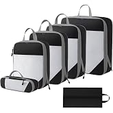 6 Bags Set, Compression Packing Cubes for Travel, 40% Space Saving (Black) | Durable &amp; Breathable Fabric, Large &amp; Small Luggage Storage Zipper Bags for Organizing Clothes, Shoes, Accessories, Mesh Panel
