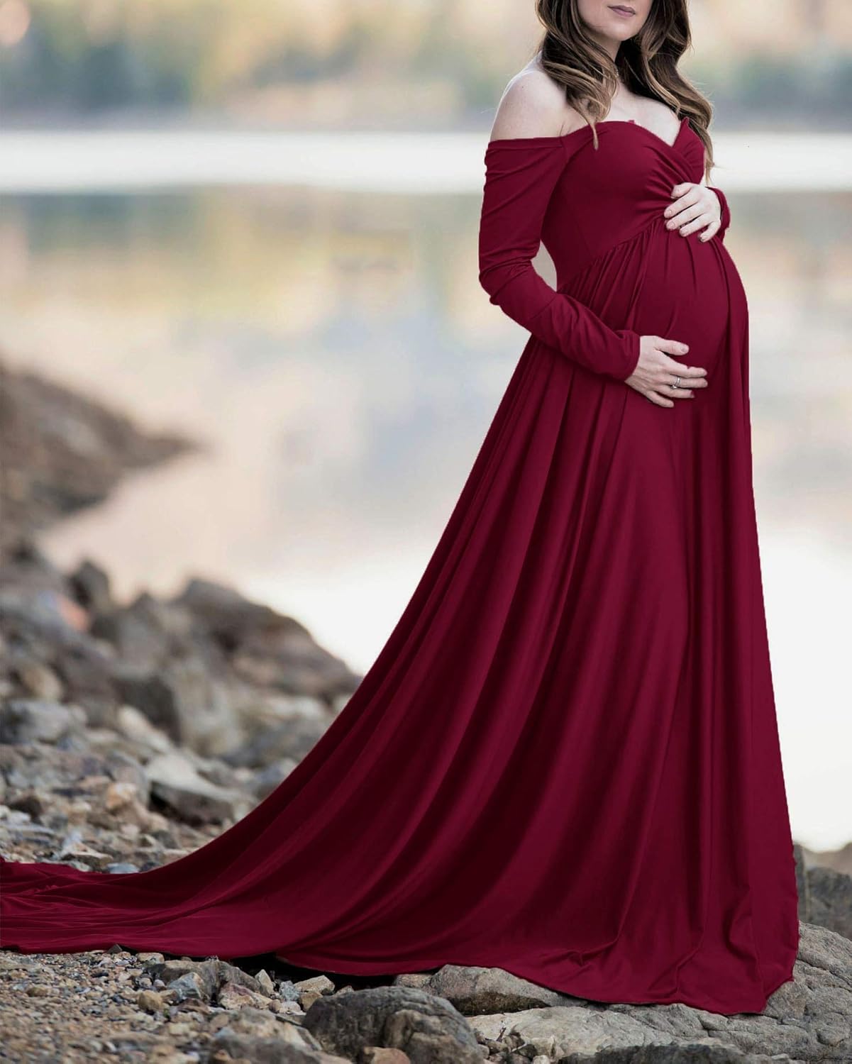 Saslax Maternity Off Shoulders Half Circle Gown for Baby Shower Photo Props Dress at  Women’s Clothing store