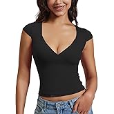 VOYJOY Womens V Neck Short Sleeve T Shirt Double Lined Tee Seamed Cup Slim Fit Basic Tops Crop Top Y2K Going Out Top