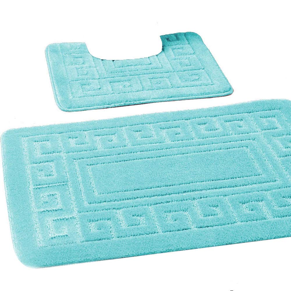 Bath mat Set 2 pc Non Slip Rubber Pedestal mat Toilet Bathroom Greek Rug with Free Gift (Aqua