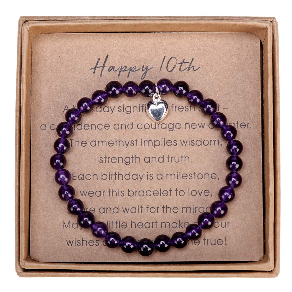 Giuesytic Gifts for 10 Year Old Girl Amethyst Bead Bracelet with Sterling Silver Heart Charm Christmas Birthday Best Gift for 10 Year Old Girl with Card and Gift Box