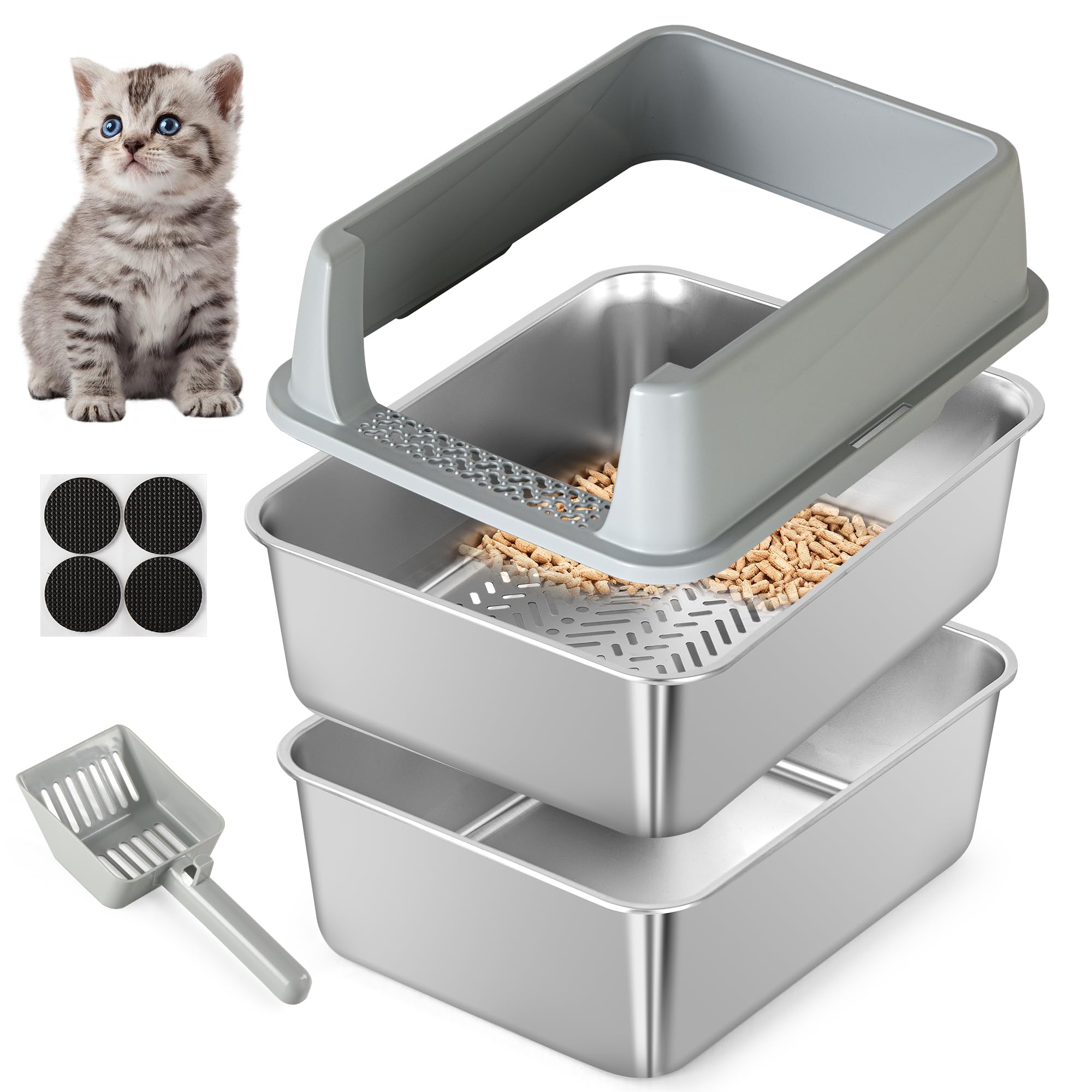 Photo 1 of TIUUBT Stainless Steel Sifting Litter Box for Pine Pellets, Sifting Cat Litter Box with Sifter, High Side for Small Cats, Anti-Leakage, Odor Control, Includes Scooper, 17.7" x 13.8" x 11"