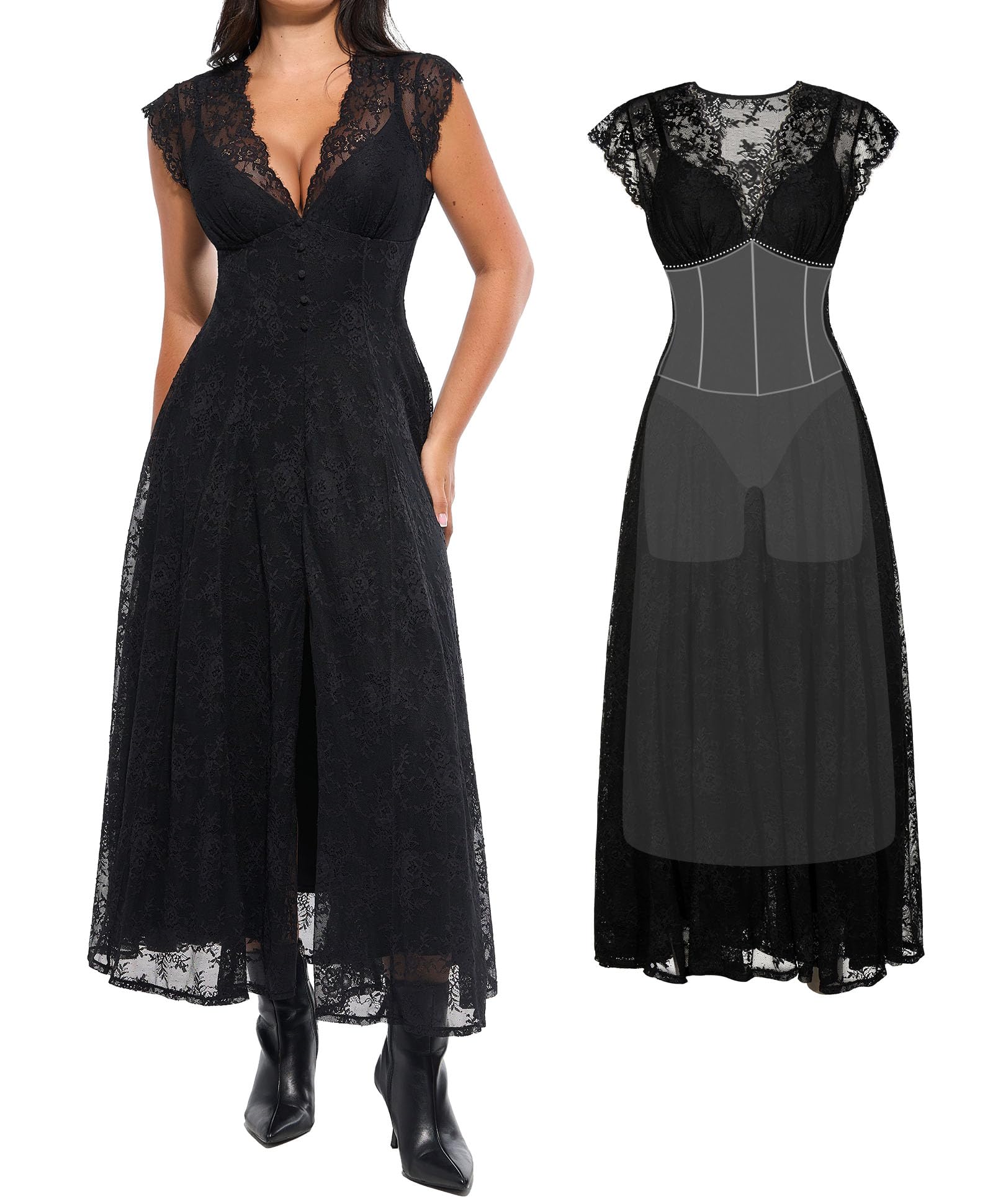 Photo 1 of Popilush Formal Dresses for Women Wedding Guest Lace Sleeveless V Neck Maxi Shapewear Dress Evening Mother of Bride Split Dress Black