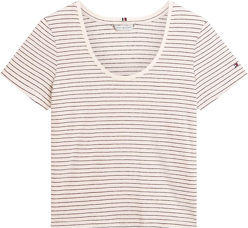 Damen T-Shirt Kurzarm Linen Scoop mit Rundhalsausschnitt, Weiß (Small BRT STP Calico/Black), L