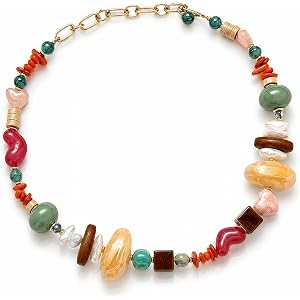 Kiaaokam Boho Chunky Statement Necklace for Women Mixed Beads | Natural Stone Beads | Pearl Wood Accents | Gold Chain Clasp |