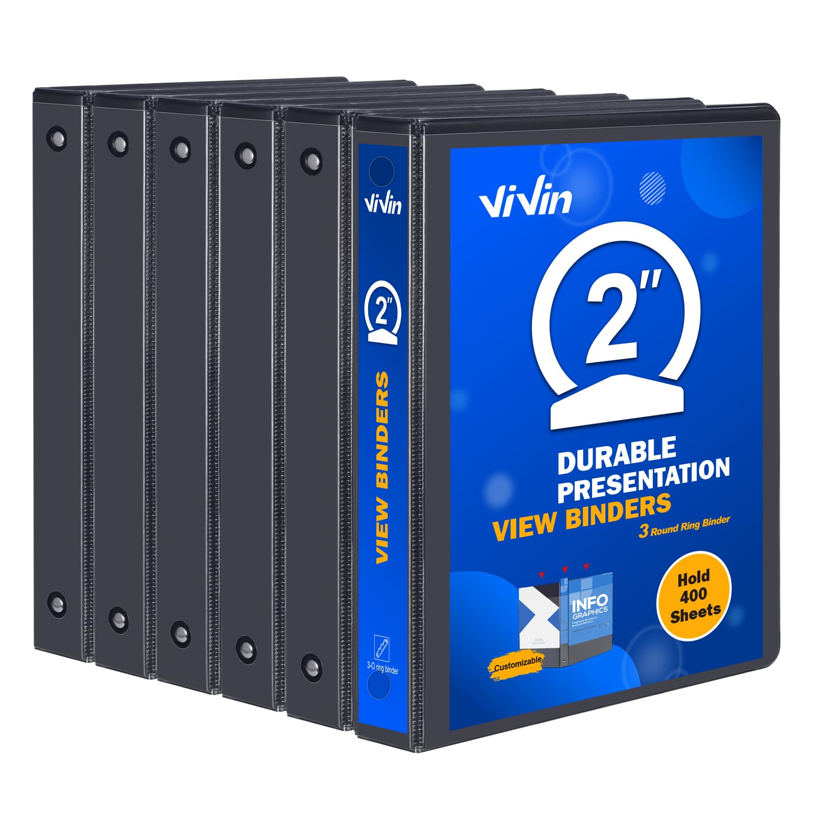 Photo 1 of 3 Ring Binder 2 Inch, ViVin Sturdy 2"-Round Ring Binder with 2 Interior Pockets, Clear View Cover, PVC-Free, Fits 400 Sheets of 8.5'' x 11'' Paper, Office Home School (6 Pack, Black)