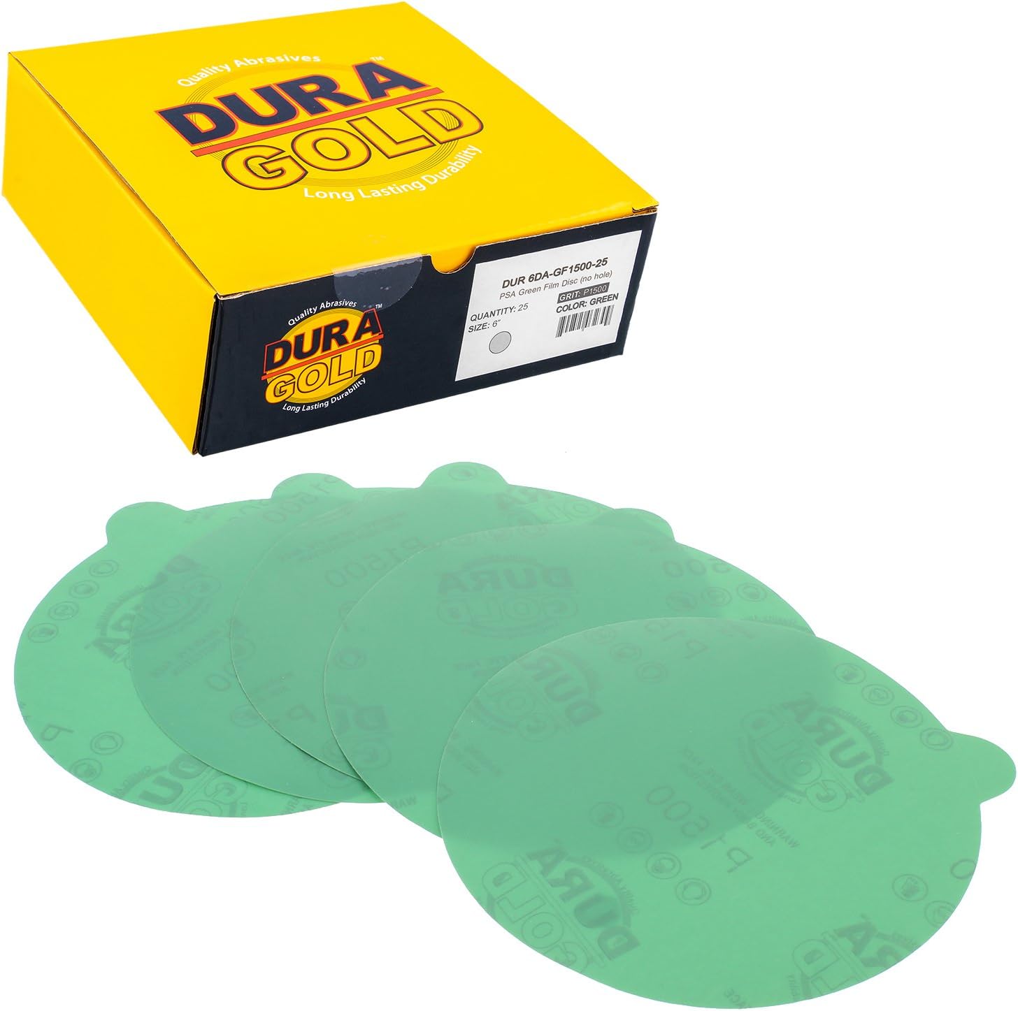Dura-Gold - Premium Film Back - 1500 Grit 6" Green Film - PSA Self Adhesive Stickyback Sanding Discs for DA Sanders - Box of 25 Sandpaper Finishing Discs for Automotive and Woodworking: Automotive