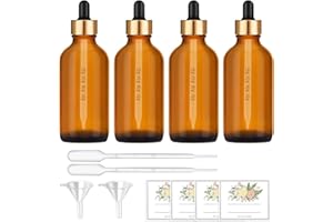 Qeirudu 4 oz Dropper Bottles - 4 Pack Amber Tincture Bottles with Dropper, Funnel, Labels & Pipette Empty Glass Eye Dropper Bottles for Essential Oils, Perfum