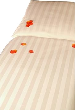 Damast Hotel-Bettwäsche Set 'Crema' 155 x 220 cm Creme Streifen - Bettdecke und Kopfkissen-Bezug aus 100% Baumwolle mit Reißv