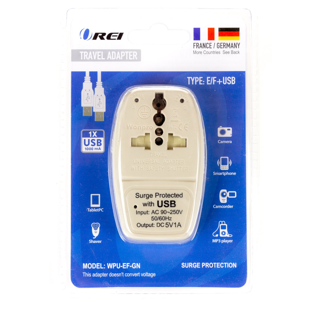 OREI 3 in 1 Schuko Travel Adapter Plug with USB and Surge Protection - Grounded Type E/F - Germany, France & More