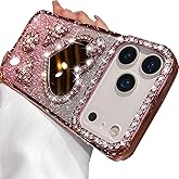 Changjia Glitter Mirror Case for iPhone 17 Pro Max, Cute Diamond Heart Makeup Mirror Bling Sparkly 3D Butterfly Flowers Rhinestones Soft TPU Shockproof Women Girls Case for iPhone 17 Pro Max 6.9",Pink