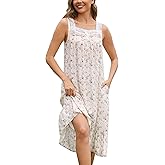 YOZLY Cotton Nightgowns for Women Long Sleeveless Night Gown Victorian Nightdress with Pockets S-XXXL