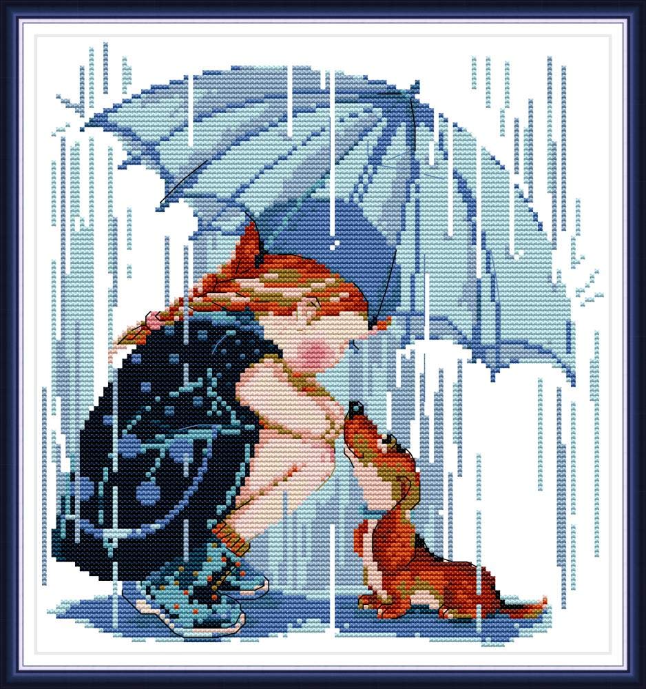 Stamped Cross Stitch Kits Girls and Dog in the Rain 14Count 29cmx31cm DIY Needle Work for Home Decor