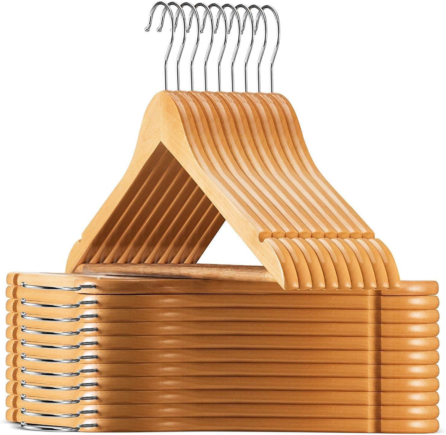 SLA HKC HOUSE 360 Degree Swivel Hook, Smooth Finishing Precise Notched Design Solid Wooden Suit/Coat Hangers for Suits, Coats, Jackets, Pants, Dresses (Natural) - Pack of 12