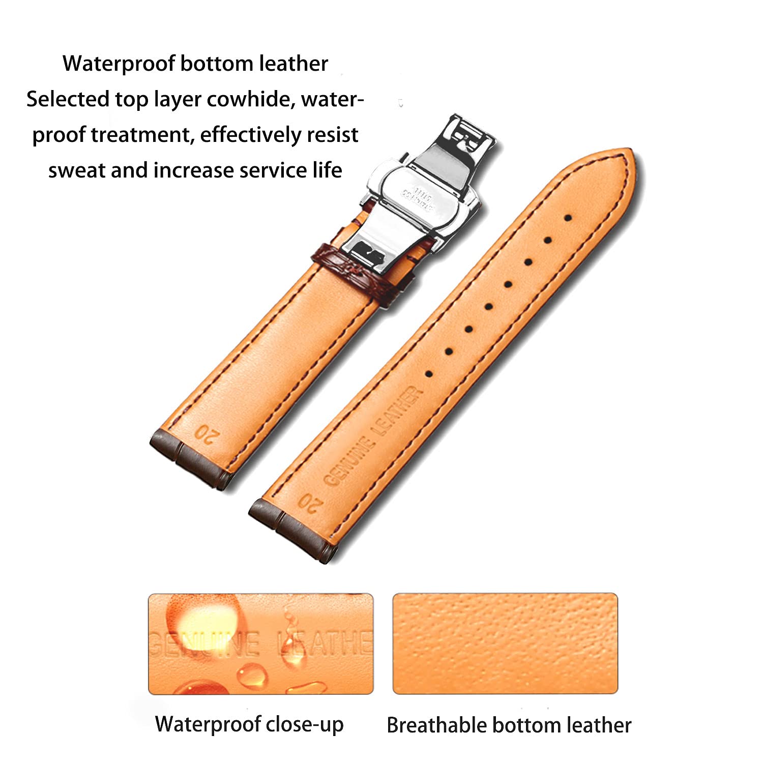 Moran Genuine Leather Band Alligator and Cowhide Replacement Deployment Buckle Watch strap18mm to 24mm Crocodile Leather Strap for Men's and Women's