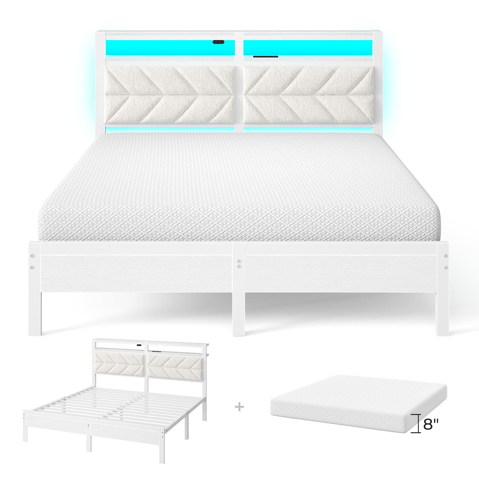 Seventable Bed Frame Full Size with Charging Station, LED Bed with Upholstered Storage Headboard - 8 Inch Gel Memory Foam Mattress, Fiberglass Free, Breathable & Pressure Relief Image