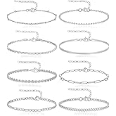 Wrlcorly 8Pcs Bracelets Stainless Steel Chain Bracelet Satellite Bead Box Herringbone Rope Paperclip Figaro Cuban Link Bracelet for Women Silver Gold Plated 6.5 Inches Adjustable