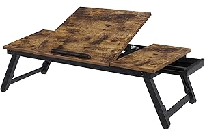 SONGMICS Laptop Desk, Bed Sofa Breakfast Tray, Adjustable Tilt Top, Right-Left Handed, Adjustable Folding Legs, Drawer, Rusti