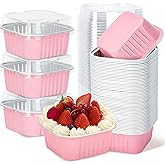 ylnurac 100Pack 5oz Pink Mini Cake Pans with Lids Baking Cups Aluminum Foil Pans Tins, Individual Dessert Cups Containers for Sales,Party,Picnics