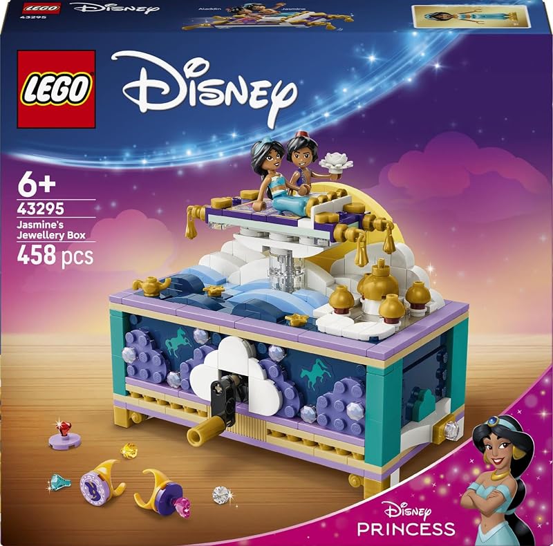 | Princesas Disney Joyero de Jasmine – Juguete de Aladdin con 2 Mini Muñecos, 2 Anillos y Lámpara del Genio – Decoración para la Habitación – Regalo para Niñas de 6+ Años y Fans – 43295