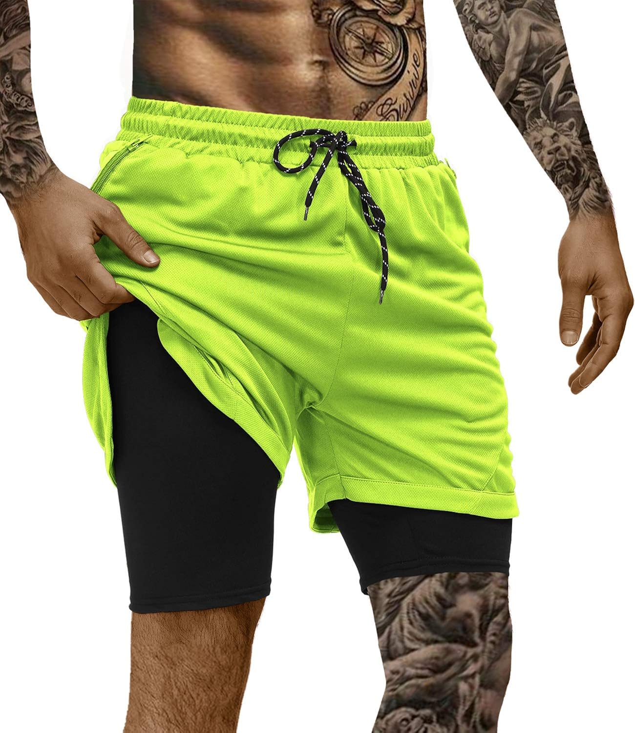 poriff Men's 2 in 1 Workout Running Shorts Compression Shorts with