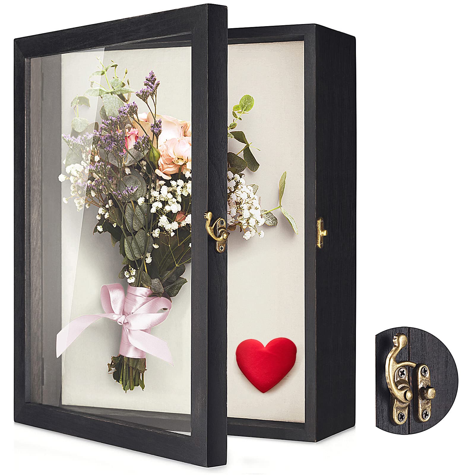 TJ.MOREE Flowers Shadow Box Display Case11”x14” ( 35 x 28 x6cm), Large Shadowbox Frame with Glass Window Door Wedding Bouquet Medals Photos Memory Box for Keepsakes - Rustic Black