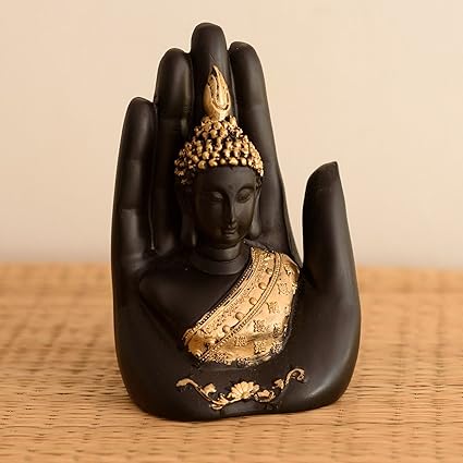 eCraftIndia Polyester Idol Buddha Embossed in Palm (12.5 cm x 7.5 cm x 17.5 cm, Black and Gold)