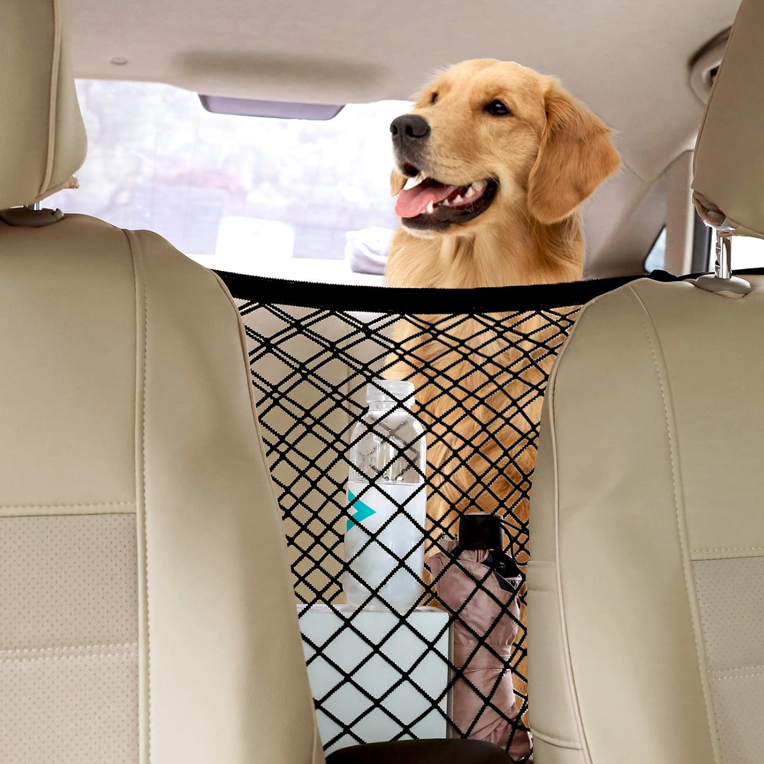 rabbitgoo Dog Car Net Barrier, 13.98" × 15.55", Metal Hooks & Stretchable Mesh Obstacle, Back Seat Net Organizer, Design for Pet Disturb Stopper & Storage Pouch, Drive Safely with Children & Pets : Pet Supplies
