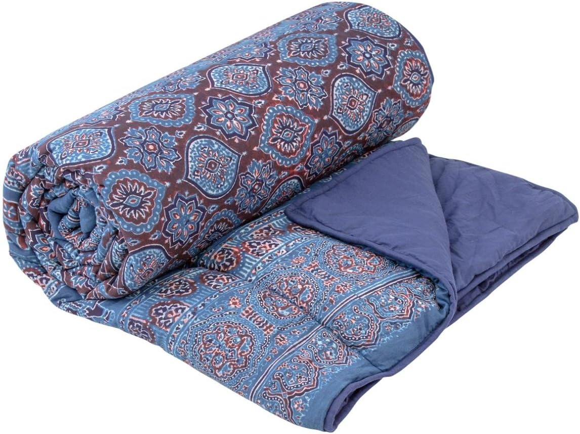 Indigo Elephant Pattern, Hand Block Printed Cotton Quit with Polyfibre filling