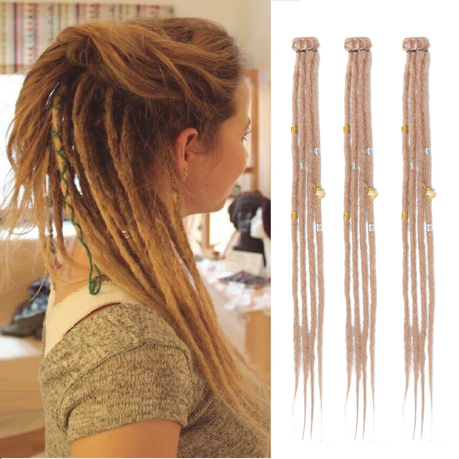 Dsoar Clip In Dreadlock Extensions 20 Inch 3PCS Handmade 0.6cm Synthetic Dreads with Clips Soft Crochet Loc Extensions(24#)