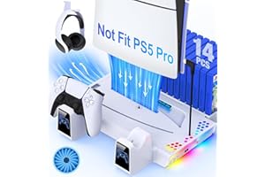 EUROA PS5 Stand and Cooling Station with Controller Charging Station for PlayStation 5 Disc/Digital, PS5 Accessories Incl. Cooling Fan, Light, Headset Holder, 14 Game Slots for PlayStation 5 Console