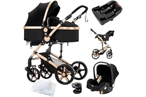 SUTTONBEBE 3 in 1 Baby Travel System Reversible Baby Stroller Pushchair Portable Baby Standard Pram Buggy Baby Carriage Foldable Luxury Baby High Landscape Pram for Toddler Newborn (UD588-BLACKGOLD with Base)