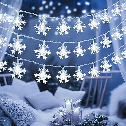 Generic Christmas Snowflake Lights, 10M 80LED Battery Powered String Light, Indoor/Outdoor, LED, Warm White, 2700K, 80 Lights, 10M, Water Resistant, 2 AA or 3 AA Batteries, String Light