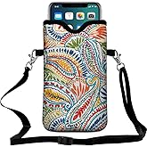 Braytow Neoprene Cell Phone Pouch 7.5 X 4.3 in Cloth Mobile Protection Case Bag with Crossbody Strap Neck Lanyard Cell Phone Case Paisley Multi