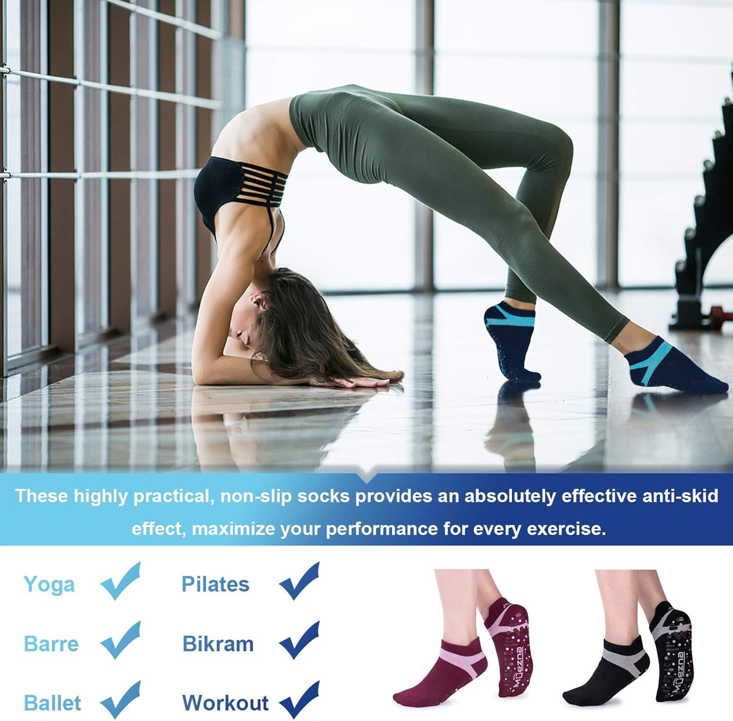 Muezna Non Slip Yoga Socks for Women, Anti-Skid Pilates, Barre, Bikram Fitness Socks with Grips, Size 5-10 (3 Pack: (Black/Navy/Burgundy)+Two-Color Grips) : Clothing