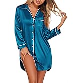 Ekouaer Satin Nightgowns for Women Button Down Sleep Shirt Silk Night Shirt Long Sleeve Boyfriend Sleepwear S-3XL